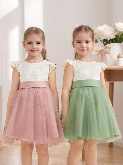 Robe de Petite Fille d'Honneur A-Line/Princesse Col Rond Longueur Genou À Manches Courtes Avec Nœud