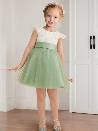 Robe de Petite Fille d'Honneur A-Line/Princesse Col Rond Longueur Genou À Manches Courtes Avec Nœud