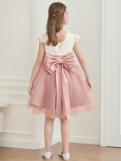 Robe de Petite Fille d'Honneur A-Line/Princesse Col Rond Longueur Genou À Manches Courtes Avec Nœud