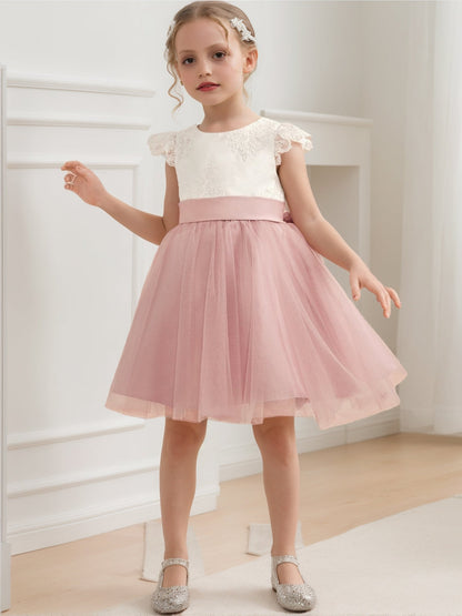 Robe de Petite Fille d'Honneur A-Line/Princesse Col Rond Longueur Genou À Manches Courtes Avec Nœud