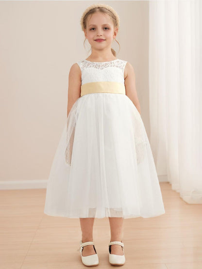Robe de Petite Fille d'Honneur A-Line/Princesse En Tulle Col Rond Longueur Thé Sans Manches Avec Ceinture