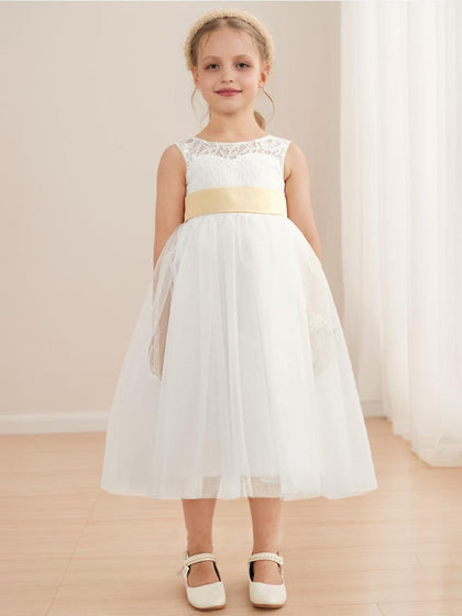 Robe de Petite Fille d'Honneur A-Line/Princesse En Tulle Col Rond Longueur Thé Sans Manches Avec Ceinture