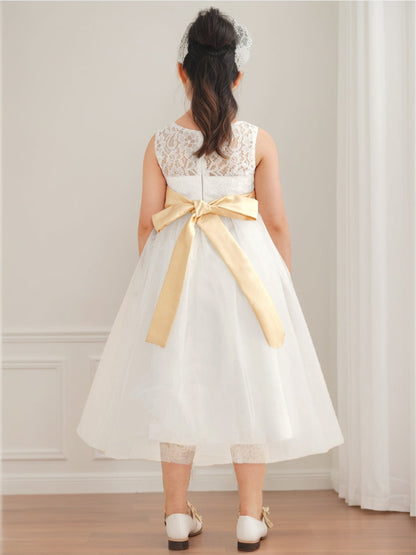 Robe de Petite Fille d'Honneur A-Line/Princesse En Tulle Col Rond Longueur Thé Sans Manches Avec Ceinture