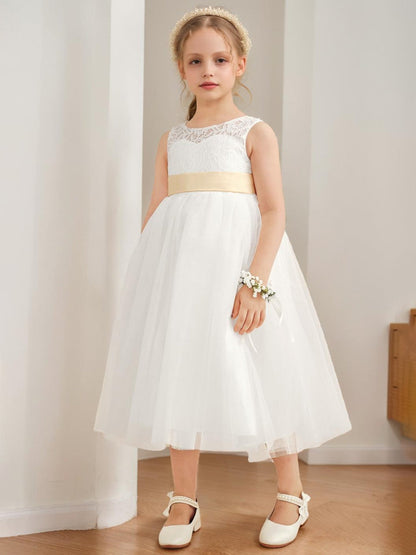 Robe de Petite Fille d'Honneur A-Line/Princesse En Tulle Col Rond Longueur Thé Sans Manches Avec Ceinture