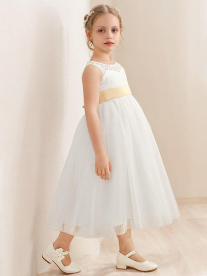 Robe de Petite Fille d'Honneur A-Line/Princesse En Tulle Col Rond Longueur Thé Sans Manches Avec Ceinture