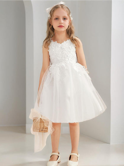 Robe de Petite Fille d'Honneur A-Line/Princesse En Tulle Col Rond Longueur Genou Sans Manches Avec Nœud