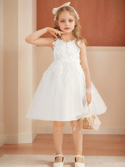 Robe de Petite Fille d'Honneur A-Line/Princesse En Tulle Col Rond Longueur Genou Sans Manches Avec Nœud