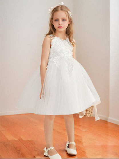 Robe de Petite Fille d'Honneur A-Line/Princesse En Tulle Col Rond Longueur Genou Sans Manches Avec Nœud