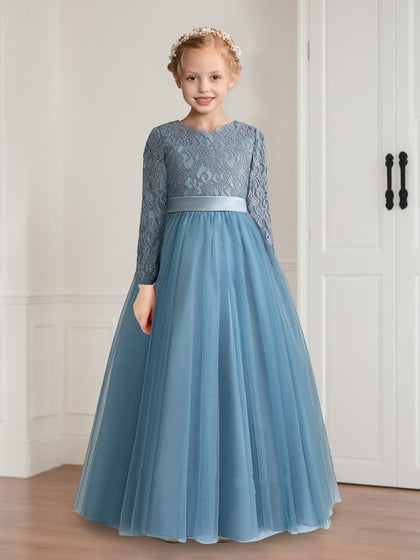 Robe de Petite Fille d'Honneur Ball-Gown Col Rond Longueur Sol À Manches Longues Avec Nœud