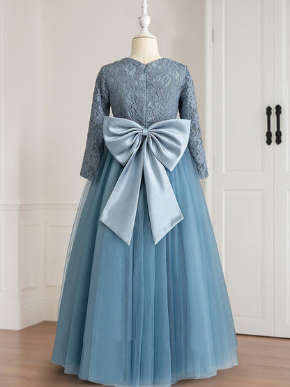 Robe de Petite Fille d'Honneur Ball-Gown Col Rond Longueur Sol À Manches Longues Avec Nœud