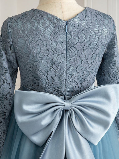 Robe de Petite Fille d'Honneur Ball-Gown Col Rond Longueur Sol À Manches Longues Avec Nœud