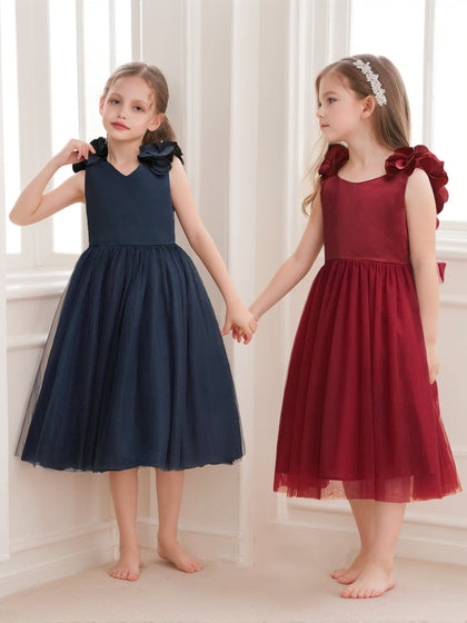 Robe de Petite Fille d'Honneur A-Line/Princesse Col V Longueur Thé Sans Manches Avec Fleurs 3D Et Nœud