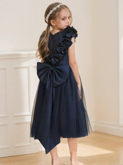 Robe de Petite Fille d'Honneur A-Line/Princesse Col V Longueur Thé Sans Manches Avec Fleurs 3D Et Nœud