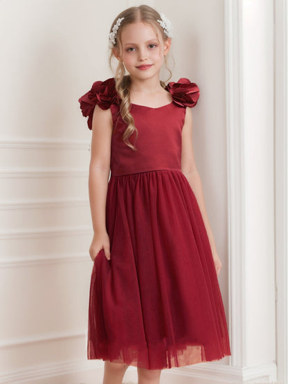 Robe de Petite Fille d'Honneur A-Line/Princesse Col V Longueur Thé Sans Manches Avec Fleurs 3D Et Nœud