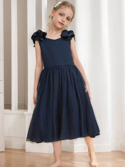 Robe de Petite Fille d'Honneur A-Line/Princesse Col V Longueur Thé Sans Manches Avec Fleurs 3D Et Nœud
