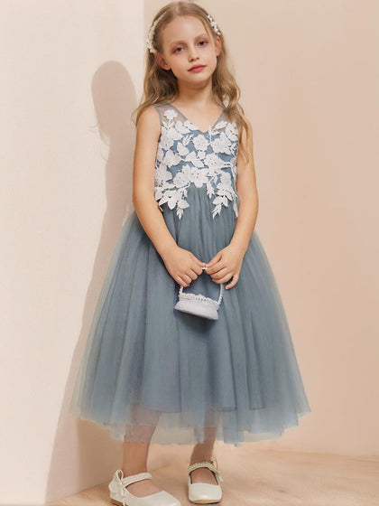 Robe de Petite Fille d'Honneur A-Line/Princesse Col V Sans Manches Longueur Thé Avec Appliques Et Nœud