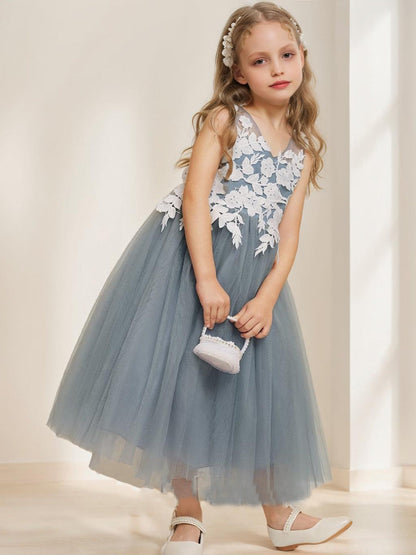 Robe de Petite Fille d'Honneur A-Line/Princesse Col V Sans Manches Longueur Thé Avec Appliques Et Nœud