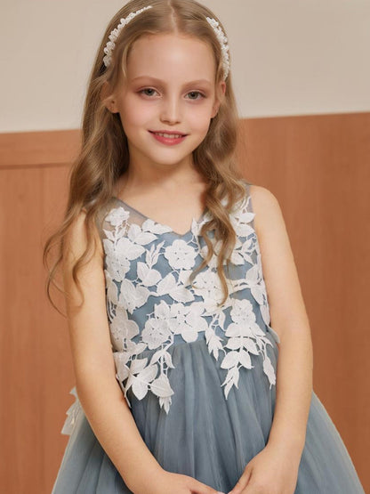 Robe de Petite Fille d'Honneur A-Line/Princesse Col V Sans Manches Longueur Thé Avec Appliques Et Nœud