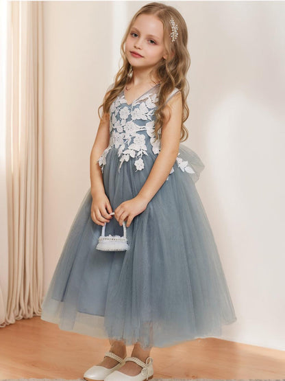 Robe de Petite Fille d'Honneur A-Line/Princesse Col V Sans Manches Longueur Thé Avec Appliques Et Nœud