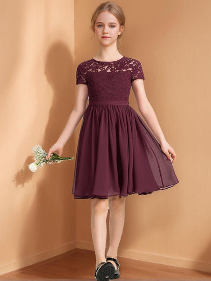 Robe de Demoiselle d'Honneur Junior A-Line/Princesse Col Rond À Manches Courtes Longueur Genou Avec Ruchés
