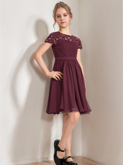Robe de Demoiselle d'Honneur Junior A-Line/Princesse Col Rond À Manches Courtes Longueur Genou Avec Ruchés