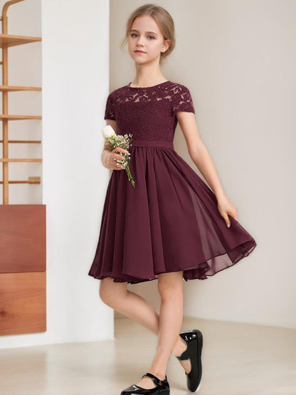 Robe de Demoiselle d'Honneur Junior A-Line/Princesse Col Rond À Manches Courtes Longueur Genou Avec Ruchés