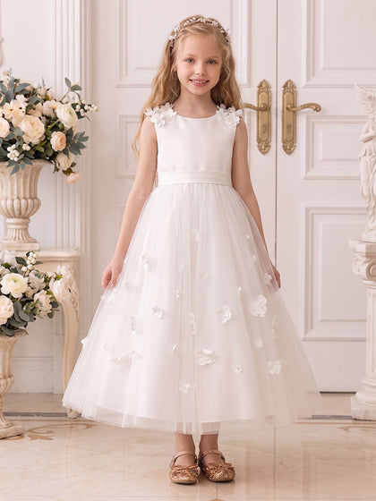 Ligne A/Princesse Scoop Sans Manches Longueur Cheville Robes de Fille à Fleurs avec Noeud Papillon & Florale 3D
