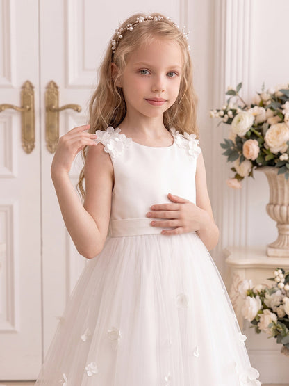 Ligne A/Princesse Scoop Sans Manches Longueur Cheville Robes de Fille à Fleurs avec Noeud Papillon & Florale 3D