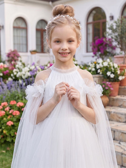 Ligne A/Princesse Épaules Dénudées Manches Courtes Longueur Cheville Robes de Fille à Fleurs avec Perles & Florale 3D