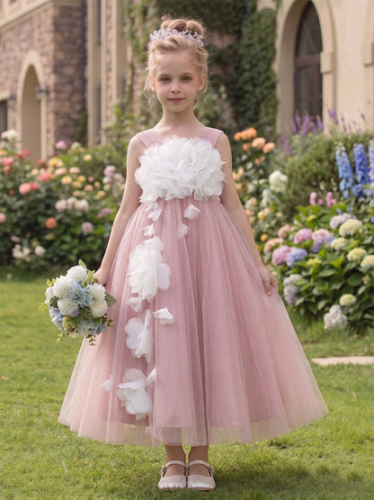 Ligne A/Princesse Col en V Sans Manches Longueur Thé Robes de Fille à Fleurs avec Florale 3D