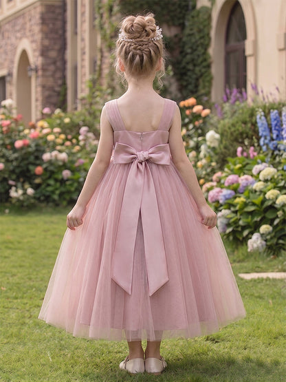 Ligne A/Princesse Col en V Sans Manches Longueur Thé Robes de Fille à Fleurs avec Florale 3D