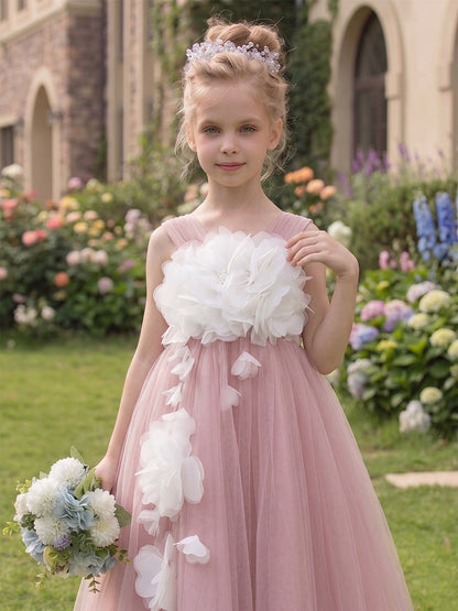 Ligne A/Princesse Col en V Sans Manches Longueur Thé Robes de Fille à Fleurs avec Florale 3D
