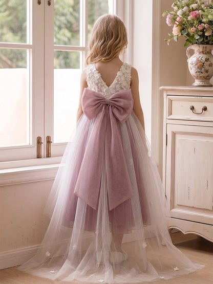 Ligne A/Princesse Scoop Sans Manches Longueur Cheville Robes de Fille à Fleurs avec Noeud Papillon & Florale 3D