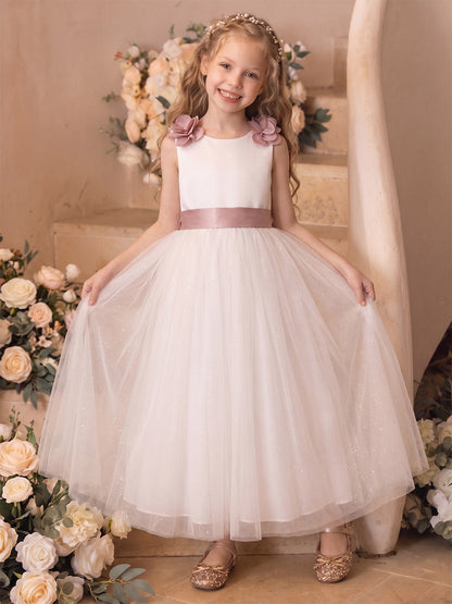 Ligne A/Princesse Sans Manches Scoop Longueur Cheville Robes de Fille à Fleurs avec Noeud Papillon & Florale 3D