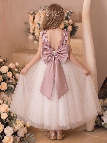 Ligne A/Princesse Sans Manches Scoop Longueur Cheville Robes de Fille à Fleurs avec Noeud Papillon & Florale 3D