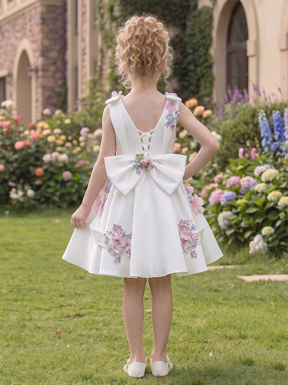 Ligne A/Princesse Col Bateau Sans Manches Longueur Genou Robes de Fille à Fleurs avec Noeud Papillon & Florale 3D