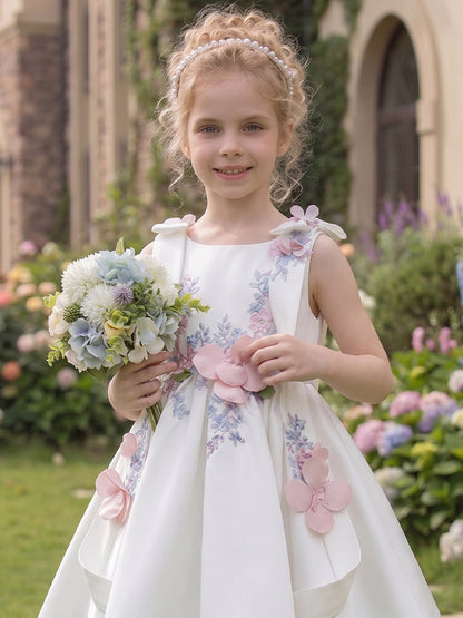 Ligne A/Princesse Col Bateau Sans Manches Longueur Genou Robes de Fille à Fleurs avec Noeud Papillon & Florale 3D