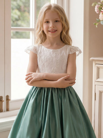 Ligne A/Princesse Scoop Manches Courtes Longueur Genou Robes de Fille à Fleurs avec Ceinture & Noeud Papillon