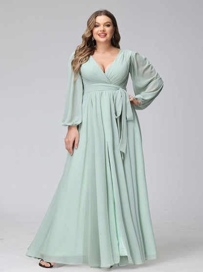Robe de Demoiselled'Honneur Trapèze, Col en V, Manches Longues, en Mousseline, Grande Taille avec Volants et Fente Latérale