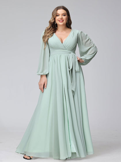Robe de Demoiselled'Honneur Trapèze, Col en V, Manches Longues, en Mousseline, Grande Taille avec Volants et Fente Latérale