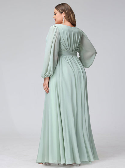 Robe de Demoiselled'Honneur Trapèze, Col en V, Manches Longues, en Mousseline, Grande Taille avec Volants et Fente Latérale