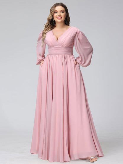 Robe de Demoiselled'Honneur Trapèze, Col en V, Manches Longues, en Mousseline, Grande Taille avec Poches Latérales Fendues