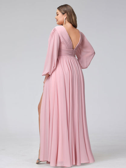 Robe de Demoiselled'Honneur Trapèze, Col en V, Manches Longues, en Mousseline, Grande Taille avec Poches Latérales Fendues