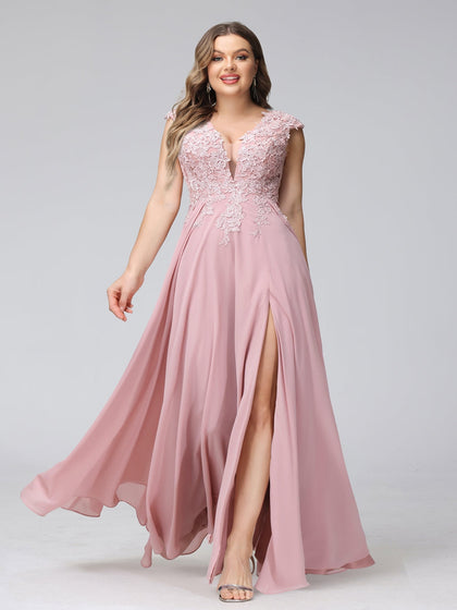 Robe de Demoiselled'Honneur Trapèze, Col en V, Sans Manches, Longue, en Mousseline, Grande Taille avec Appliques et Fente Sur le Côté