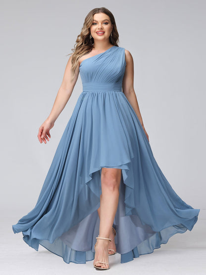 Robe de Demoiselled'Honneur Trapèze Asymétrique Sans Manches en Mousseline de Soie, Coupe Haute et Basse, Grande Taille avec Poches
