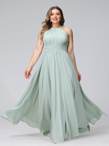 Robe de Demoiselled'Honneur Grande Taille, Coupe Trapèze, Dos Nu, Sans Manches, Froncée, Longueur au Sol, en Mousseline
