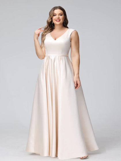 Robe de Demoiselled'Honneur Trapèze, Col en V, Sans Manches, Longueur au Sol, en Satin, Grande Taille avec Poches
