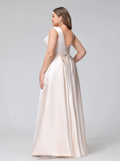 Robe de Demoiselled'Honneur Trapèze, Col en V, Sans Manches, Longueur au Sol, en Satin, Grande Taille avec Poches