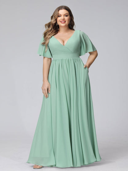 Robe de Demoiselled'Honneur Trapèze, Col en V, Manches Mi-Longues, en Mousseline, Grande Taille avec Volants et Poches Latérales Fendues