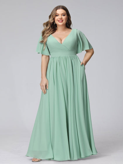 Robe de Demoiselled'Honneur Trapèze, Col en V, Manches Mi-Longues, en Mousseline, Grande Taille avec Volants et Poches Latérales Fendues